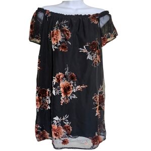 Velvet Burnout Off Shoulder peasant Mini Dress Dark Floral Xhiliration size sma…